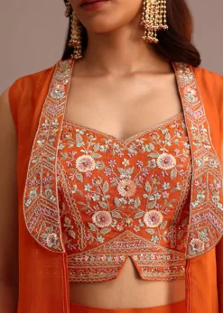 Orange Embroidered Croptop With Draped Skirt And Organza Jacket