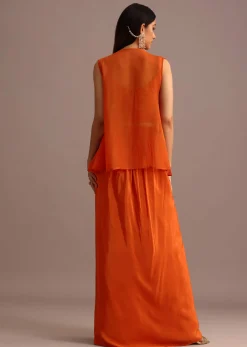 Orange Embroidered Croptop With Draped Skirt And Organza Jacket