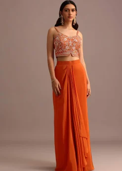 Orange Embroidered Croptop With Draped Skirt And Organza Jacket