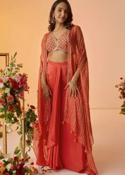 Orange Embroidered Croptop With Pleated Skirt And Chanderi Jacket