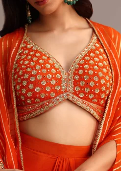 Orange Embroidered Croptop With Pleated Skirt And Chanderi Jacket