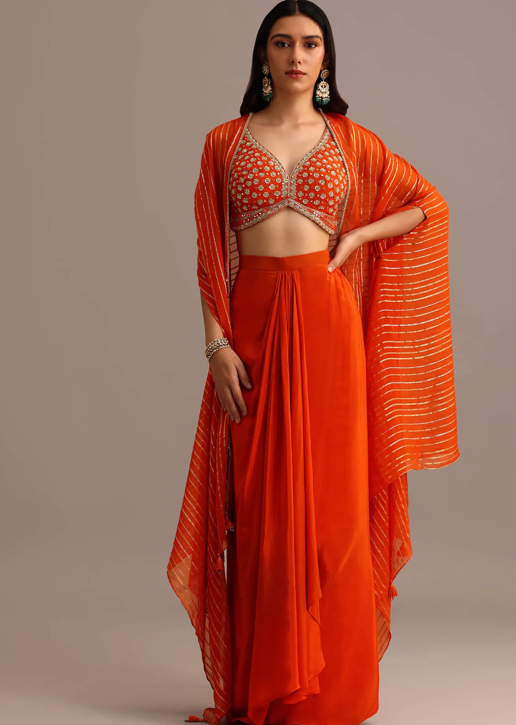 Orange Embroidered Croptop With Pleated Skirt And Chanderi Jacket