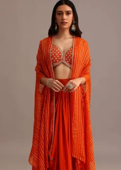 Orange Embroidered Croptop With Pleated Skirt And Chanderi Jacket