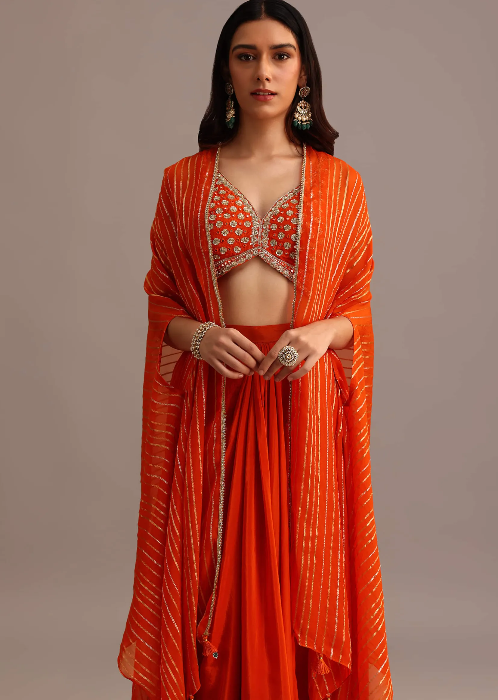 Orange Embroidered Croptop With Pleated Skirt And Chanderi Jacket