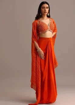 Orange Embroidered Croptop With Pleated Skirt And Chanderi Jacket