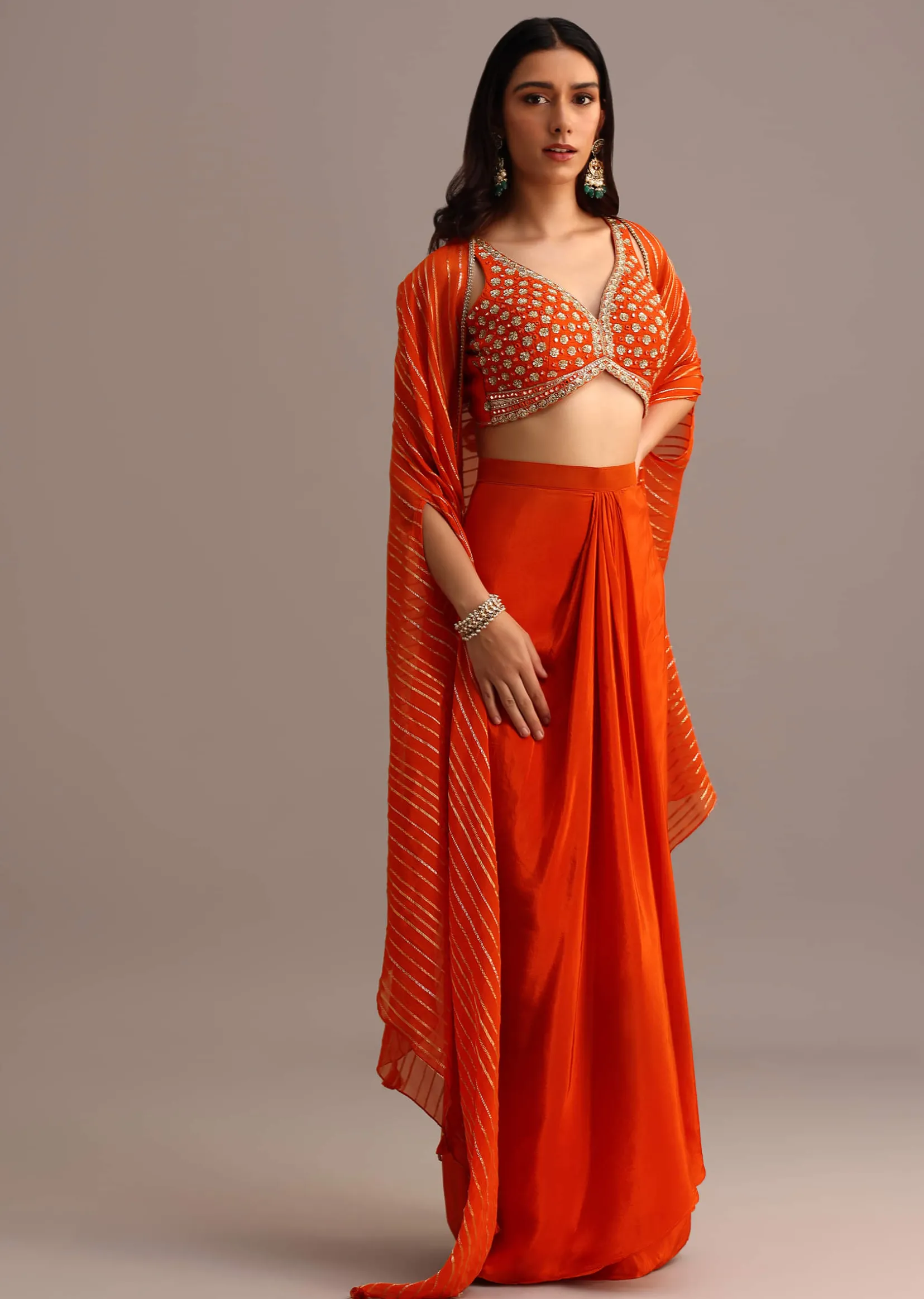 Orange Embroidered Croptop With Pleated Skirt And Chanderi Jacket