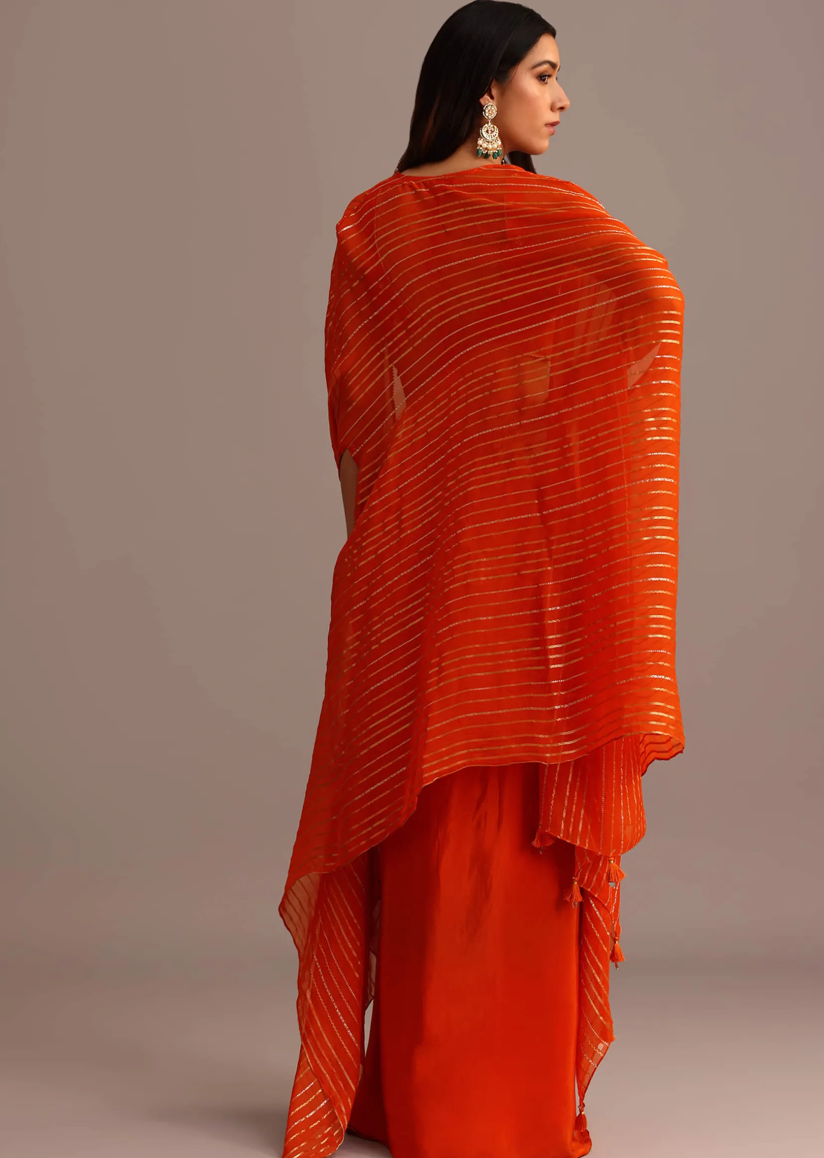 Orange Embroidered Croptop With Pleated Skirt And Chanderi Jacket