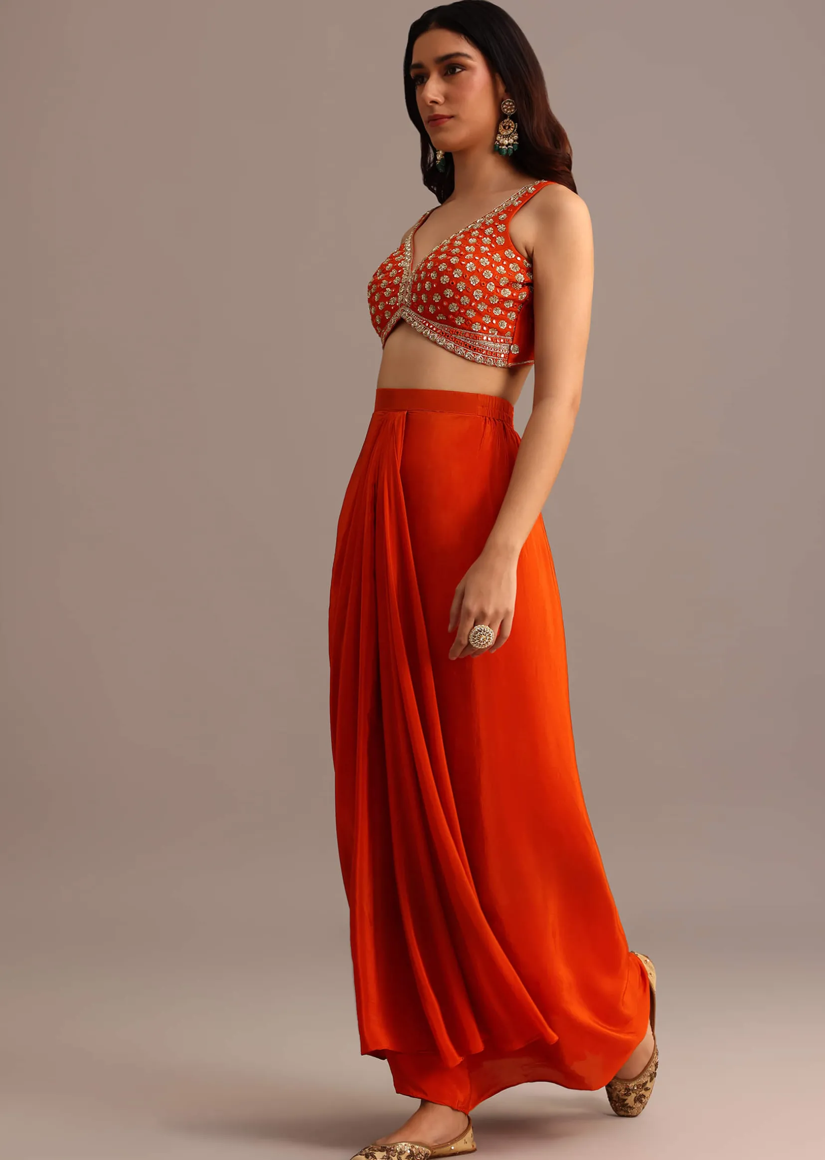 Orange Embroidered Croptop With Pleated Skirt And Chanderi Jacket