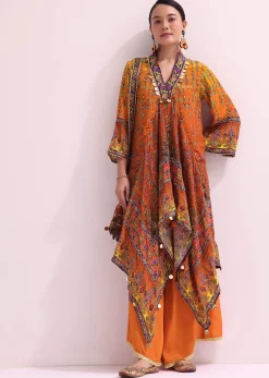 Orange Embroidered Kurta Palazzo Set With Potli
