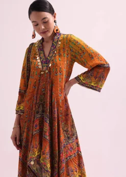 Orange Embroidered Kurta Palazzo Set With Potli