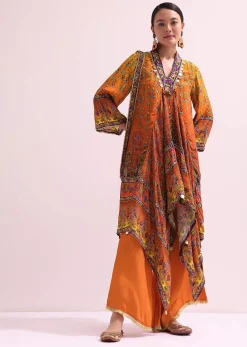 Orange Embroidered Kurta Palazzo Set With Potli