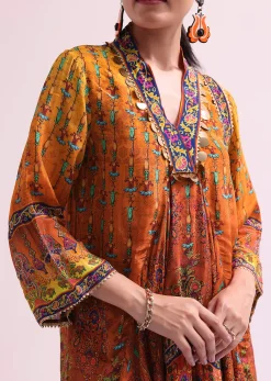Orange Embroidered Kurta Palazzo Set With Potli
