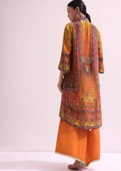 Orange Embroidered Kurta Palazzo Set With Potli