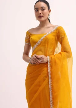 Orange Embroidered Organza Saree With Unstitched Blouse