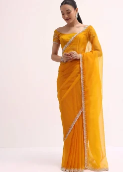 Orange Embroidered Organza Saree With Unstitched Blouse