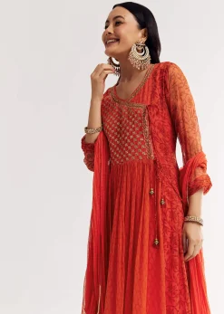 Orange Floral Chiffon Anarkali Kurta Set With Dupatta