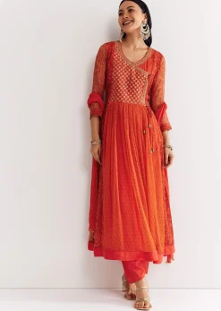 Orange Floral Chiffon Anarkali Kurta Set With Dupatta