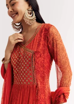 Orange Floral Chiffon Anarkali Kurta Set With Dupatta