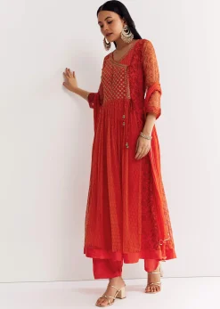 Orange Floral Chiffon Anarkali Kurta Set With Dupatta