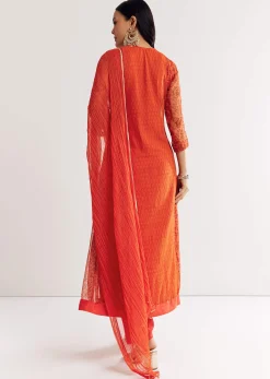 Orange Floral Chiffon Anarkali Kurta Set With Dupatta