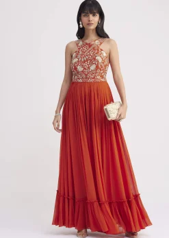 Orange Georgette Embroidered Jumpsuit With Belt