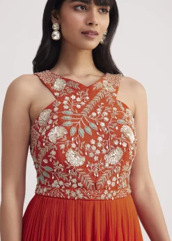 Orange Georgette Embroidered Jumpsuit With Belt