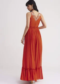 Orange Georgette Embroidered Jumpsuit With Belt