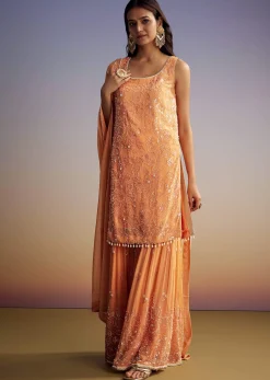 Orange Georgette Sharara Suit With Embroidered Kurta And Dupatta