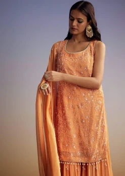 Orange Georgette Sharara Suit With Embroidered Kurta And Dupatta
