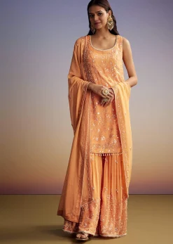 Orange Georgette Sharara Suit With Embroidered Kurta And Dupatta
