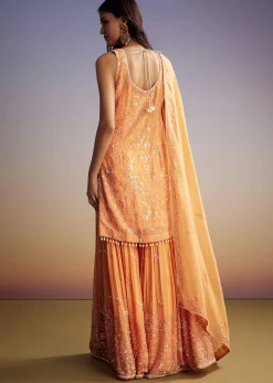 Orange Georgette Sharara Suit With Embroidered Kurta And Dupatta