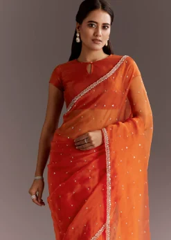 Orange Glass Tissue Saree With Cutdana And Sequins Scallop Border