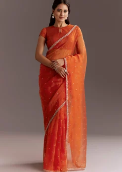 Orange Glass Tissue Saree With Cutdana And Sequins Scallop Border