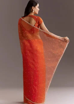 Orange Glass Tissue Saree With Cutdana And Sequins Scallop Border