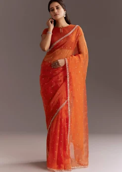 Orange Glass Tissue Saree With Cutdana And Sequins Scallop Border