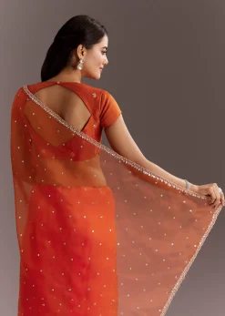 Orange Glass Tissue Saree With Cutdana And Sequins Scallop Border