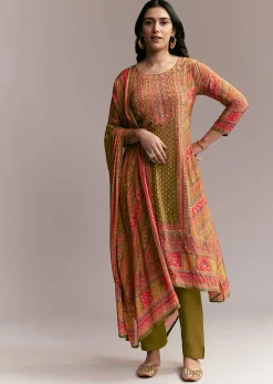 Orange Green Printed Kurta Set
