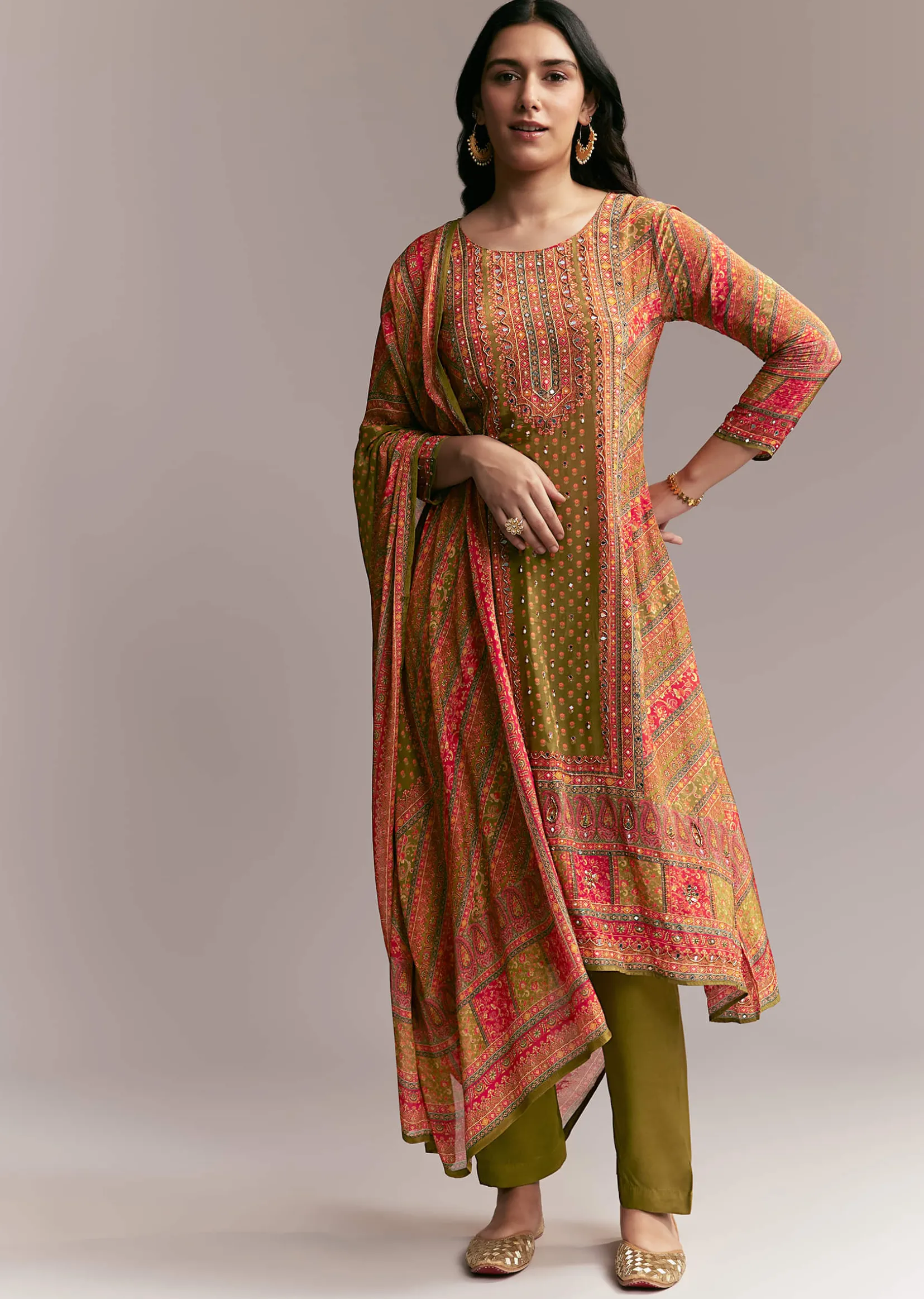 Orange Green Printed Kurta Set