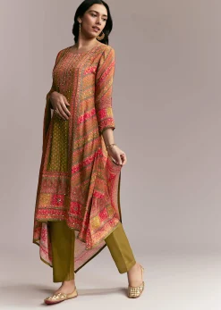Orange Green Printed Kurta Set