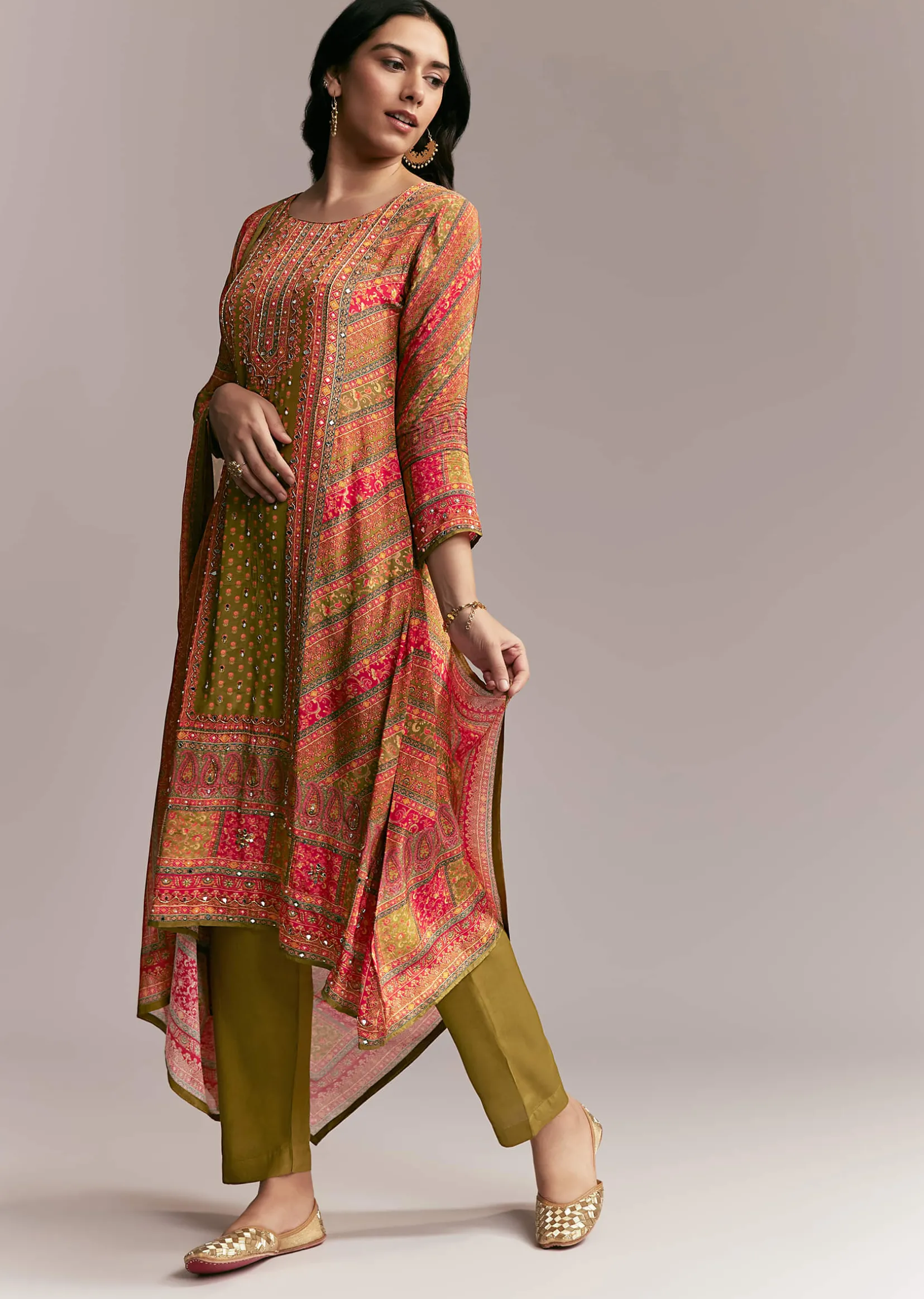 Orange Green Printed Kurta Set