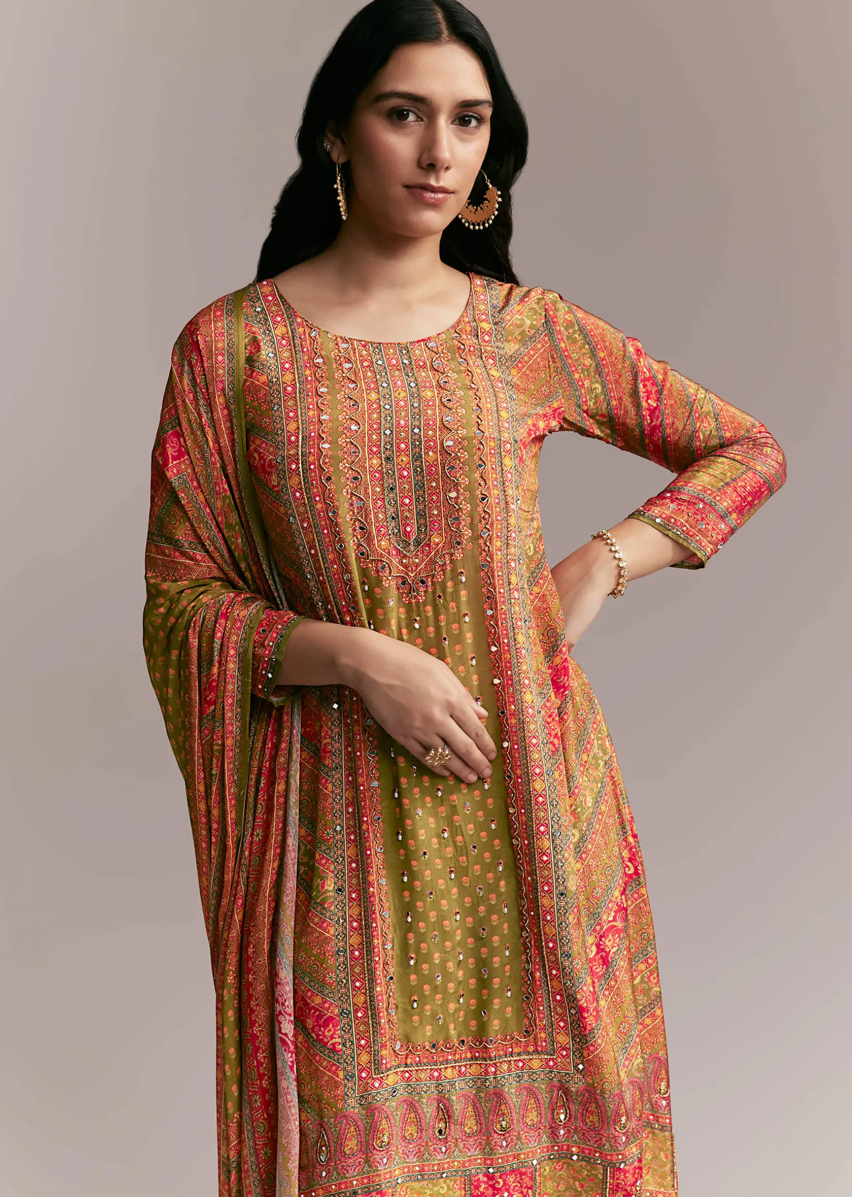 Orange Green Printed Kurta Set