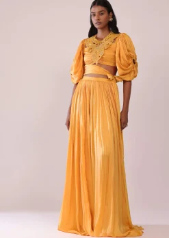 Orange Indo-Western Skirt And Blouse With Balloon Sleeves