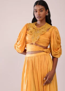 Orange Indo-Western Skirt And Blouse With Balloon Sleeves