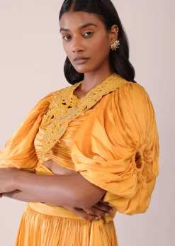 Orange Indo-Western Skirt And Blouse With Balloon Sleeves