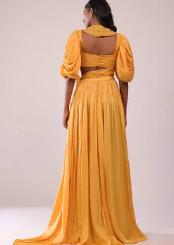 Orange Indo-Western Skirt And Blouse With Balloon Sleeves