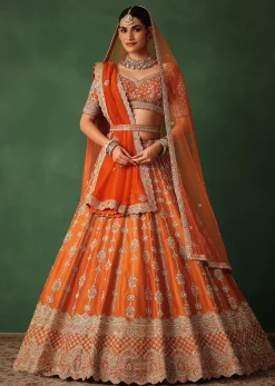 Orange Lehenga Set In Raw Silk With Hand Embroidered Motifs
