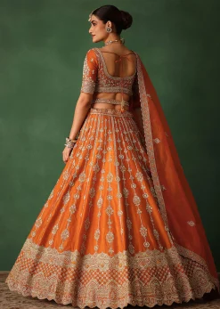Orange Lehenga Set In Raw Silk With Hand Embroidered Motifs