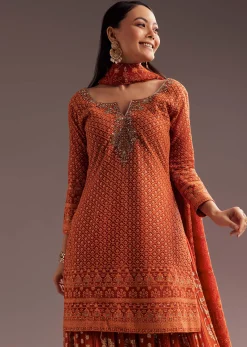 Orange Lucknowi Mirror Zardosi Kurta Palazzo Dupatta Set