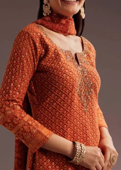 Orange Lucknowi Mirror Zardosi Kurta Palazzo Dupatta Set