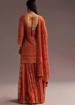 Orange Lucknowi Mirror Zardosi Kurta Palazzo Dupatta Set